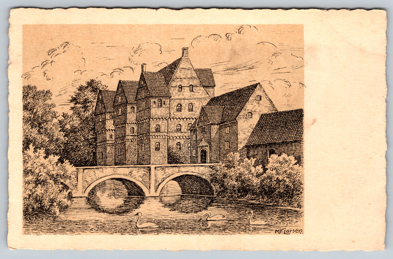 MF Larsen Sketch Bridge Borreby Manor Zealand Sjælland c1910s Vintage Postcard MF Larsen Sketch Bridge Borreby Manor Zealand Sjælland c1910s Vintage Postcard