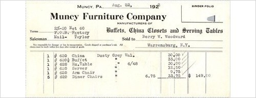 Muncy Furniture Co 1922 Original Sales Invoice Dining Suite Dusty Grey Walnut PA
