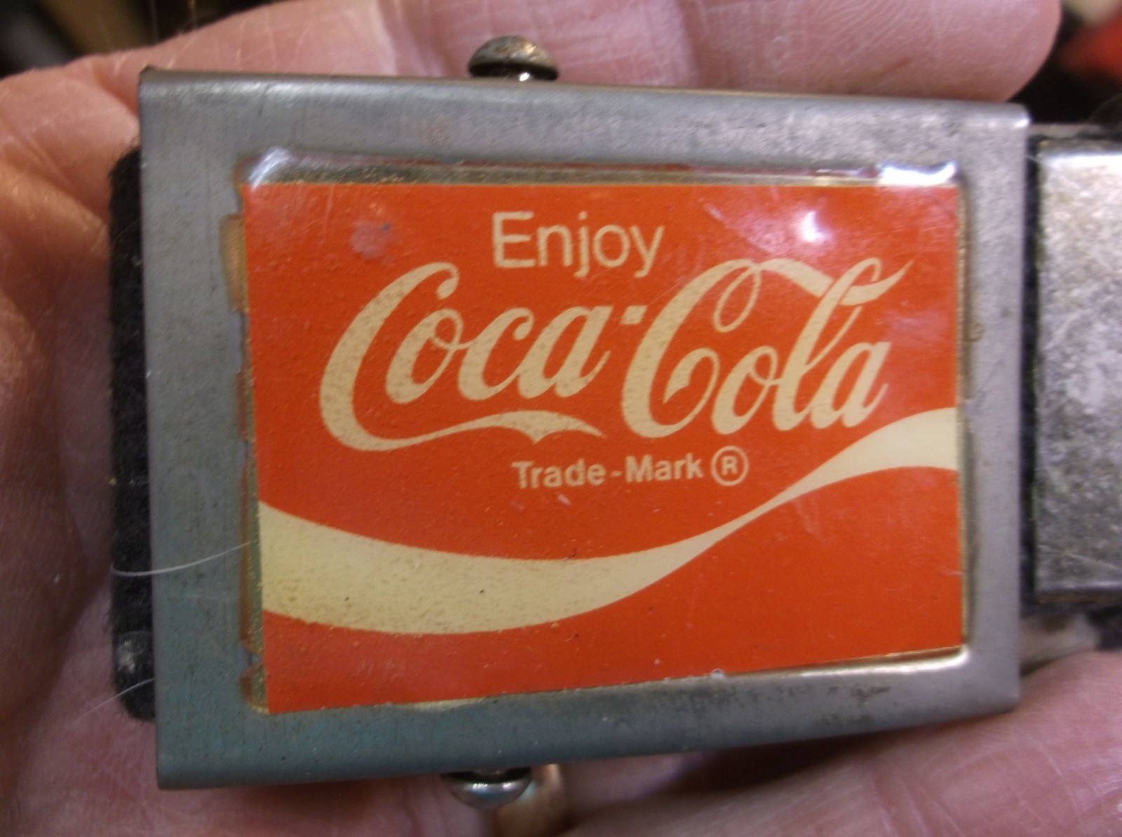 NEAT OLDER VTG COCA-COLA COKE BELT BUCKLE & BLACK WOVEN BELT, SLIDE LOCK BUCKLE