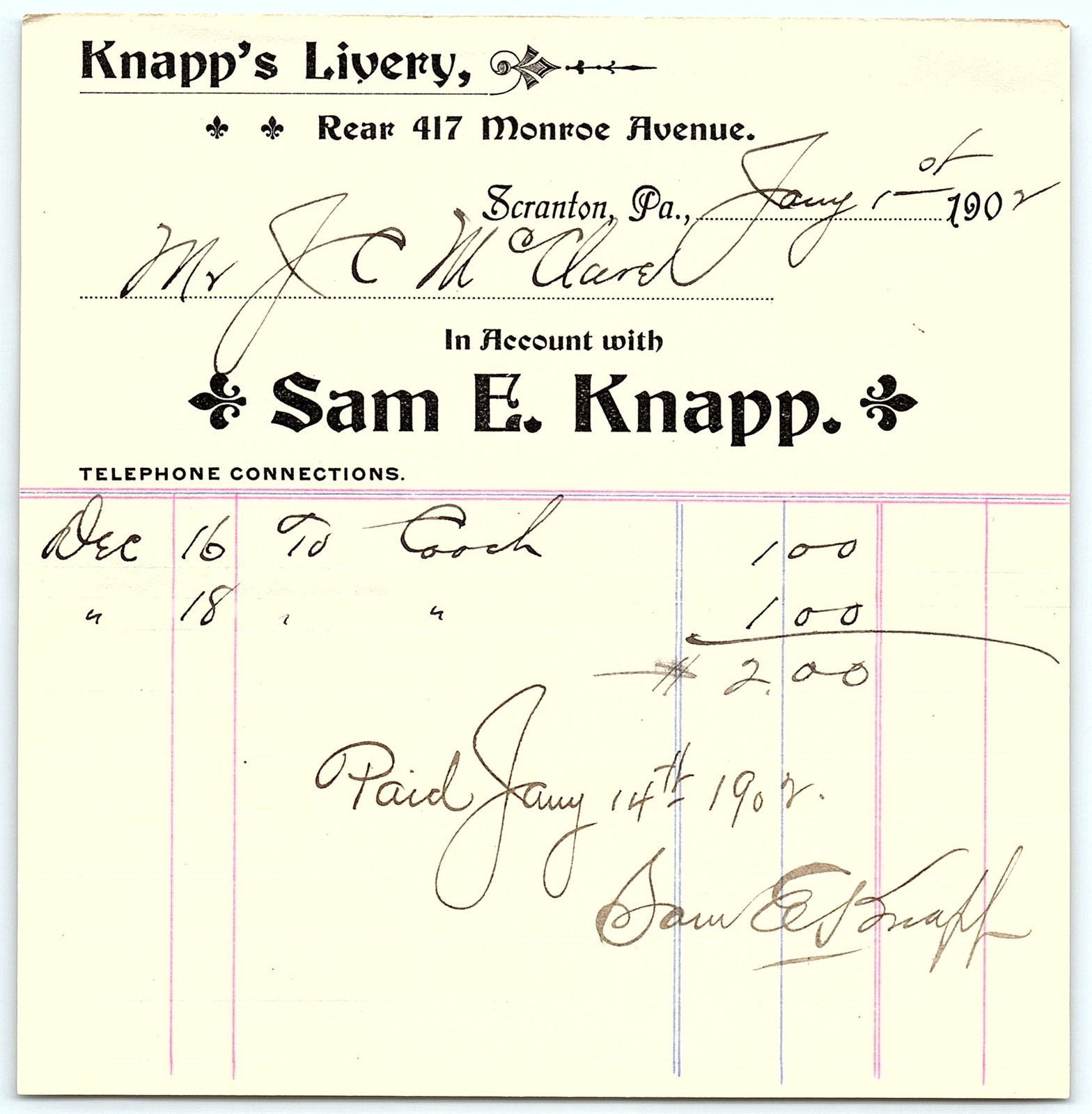 1907 Knapp's Livery Billhead - Scranton, PA 1907 Knapp's Livery Billhead - Scranton, PA