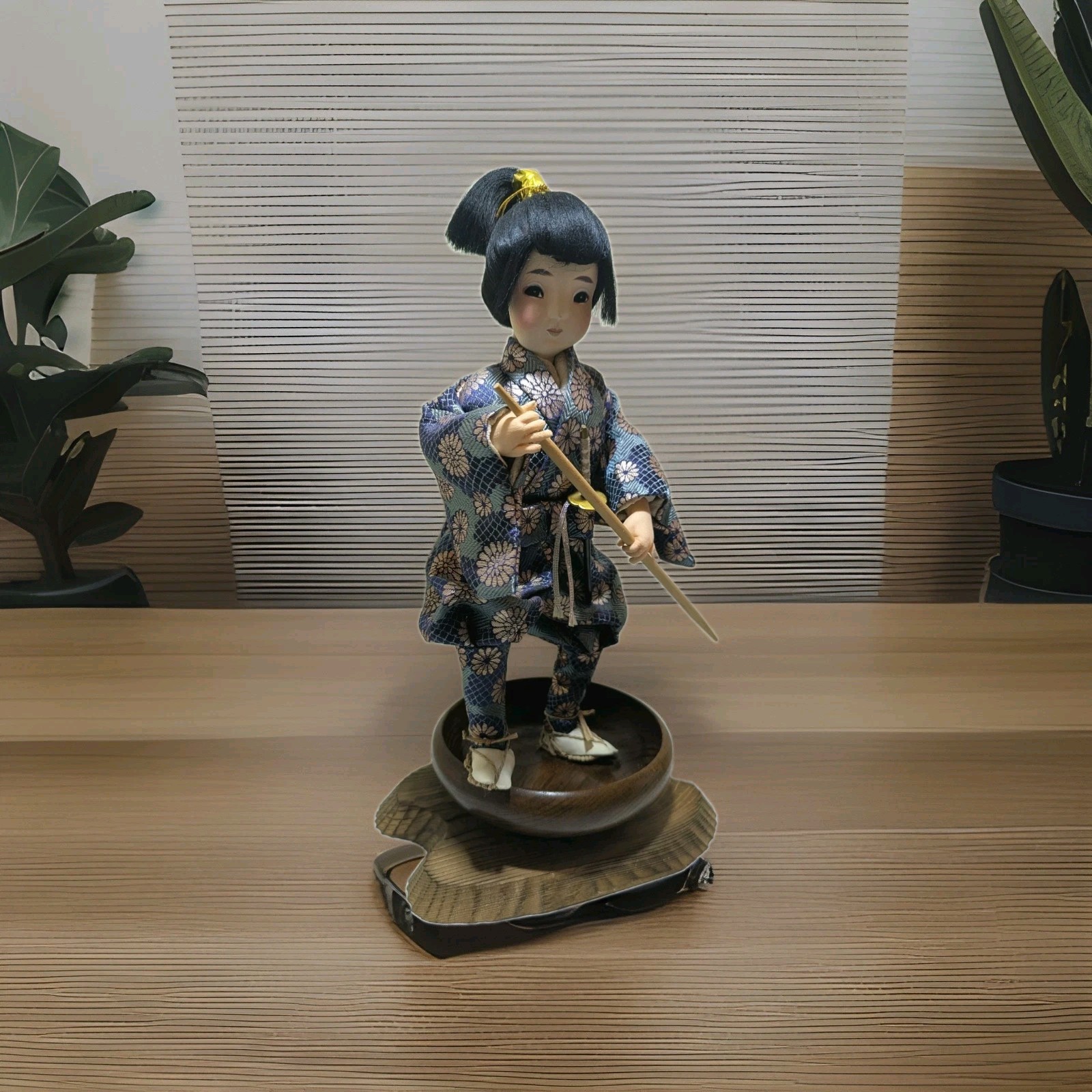Vintage Japanese Samurai Warrior Fabric Doll in Blue Kimono Wood Bowl Stand 14
