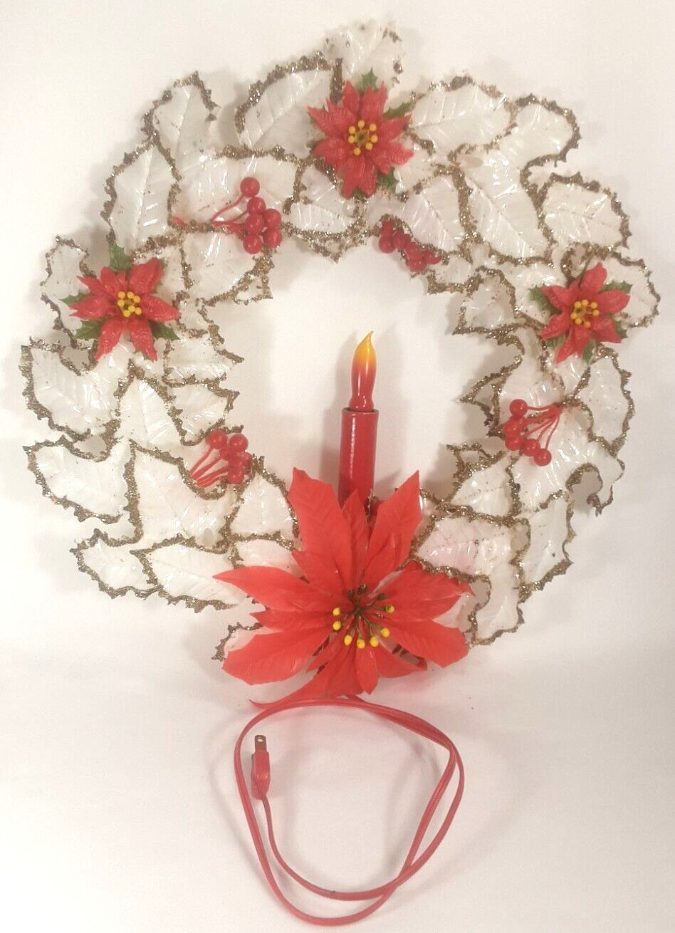 Antique 1940s NOMA Lighted Christmas Wreath White With Red Accent Works