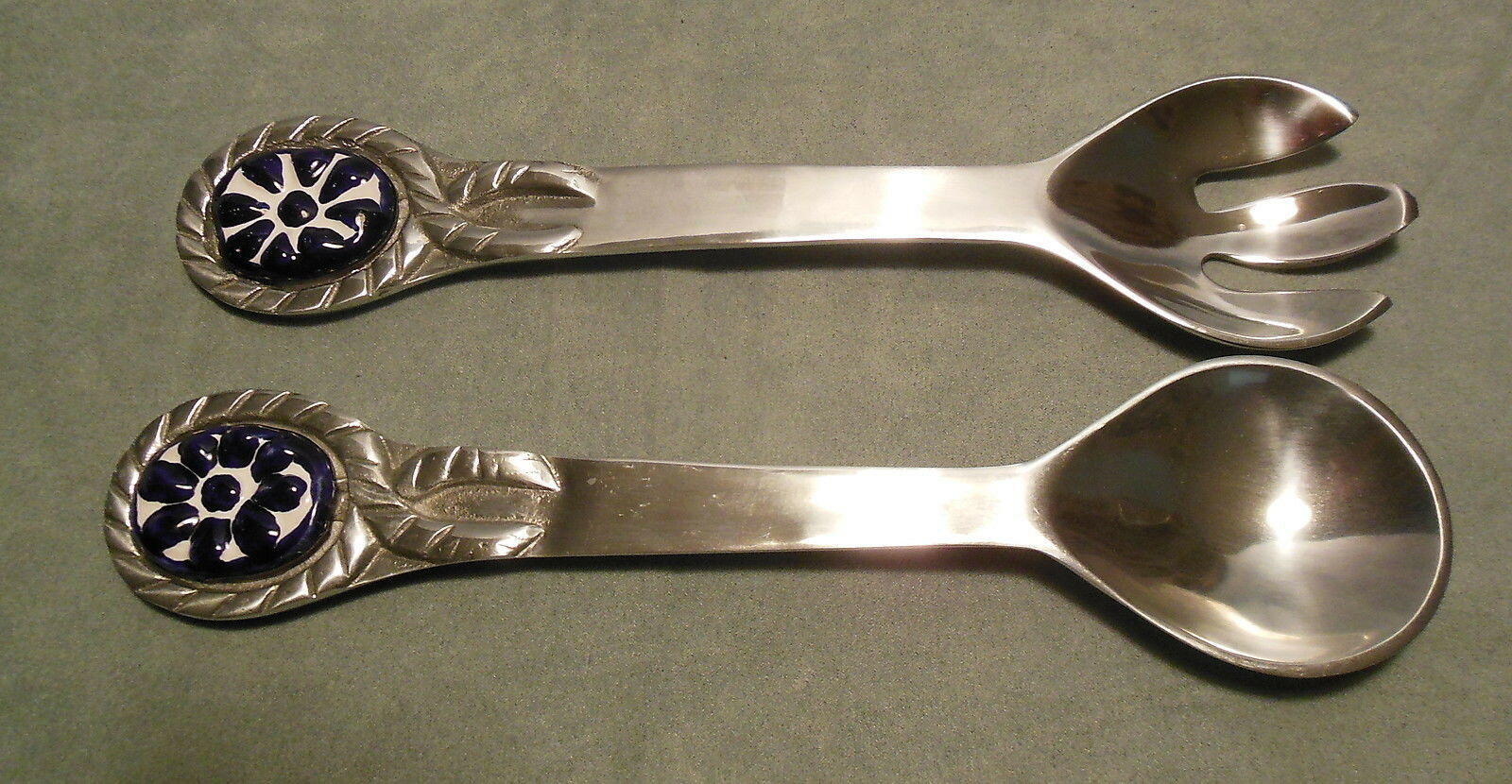 CHROME AND CERAMIC FORK SPOON SALAD SERVER SET BEAUTIFUL