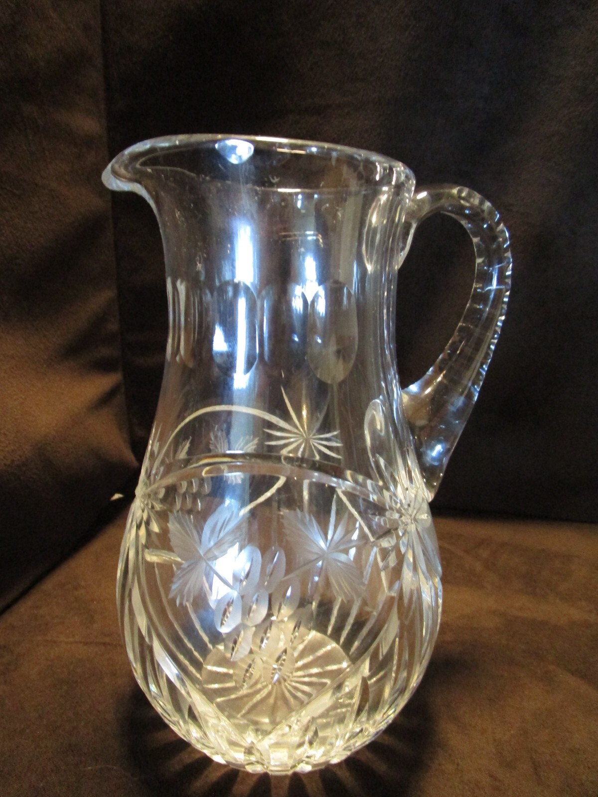 Vintage Lead Crystal Clear Pitcher Cut grapes panels arches Pattern  9