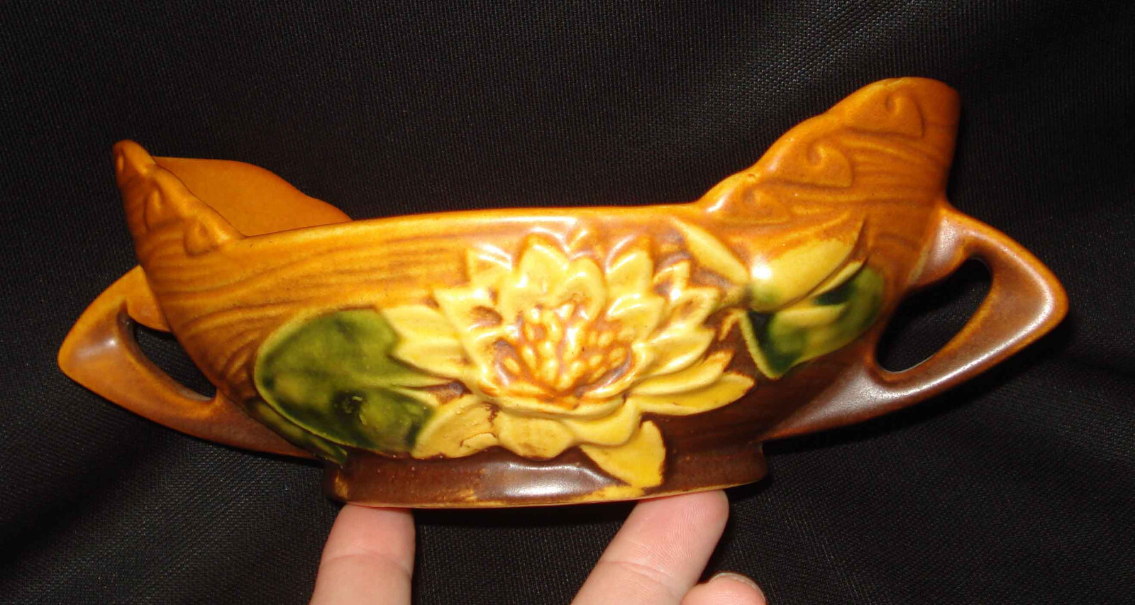 Vintage Roseville USA Art Pottery 439-6” Brown Water Lily Oval Console Bowl Dish