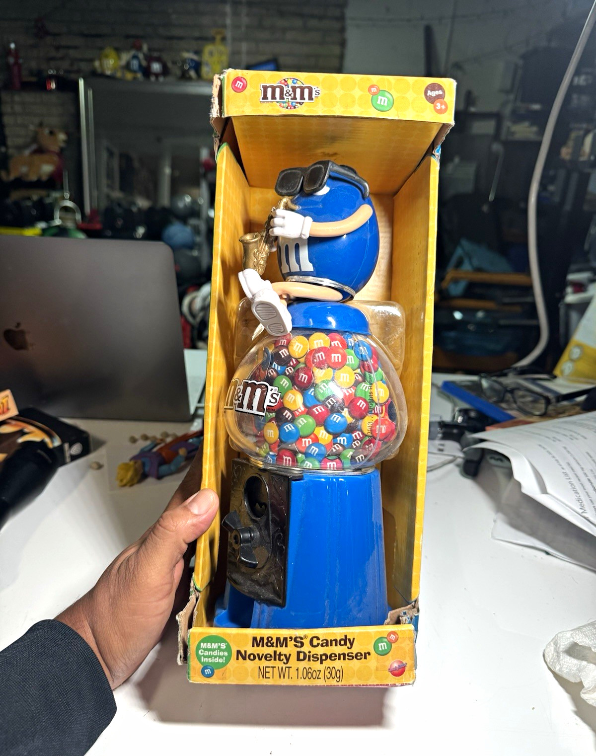 M&M\'s Blue Character Candy Novelty Dispenser w/ Saxophone Coin Bank