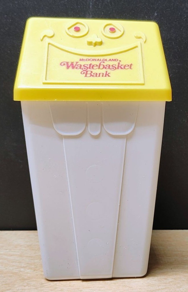 Vintage McDonaldland Wastebasket Bank 1975 Yellow & White Plastic Toy Coin Holde