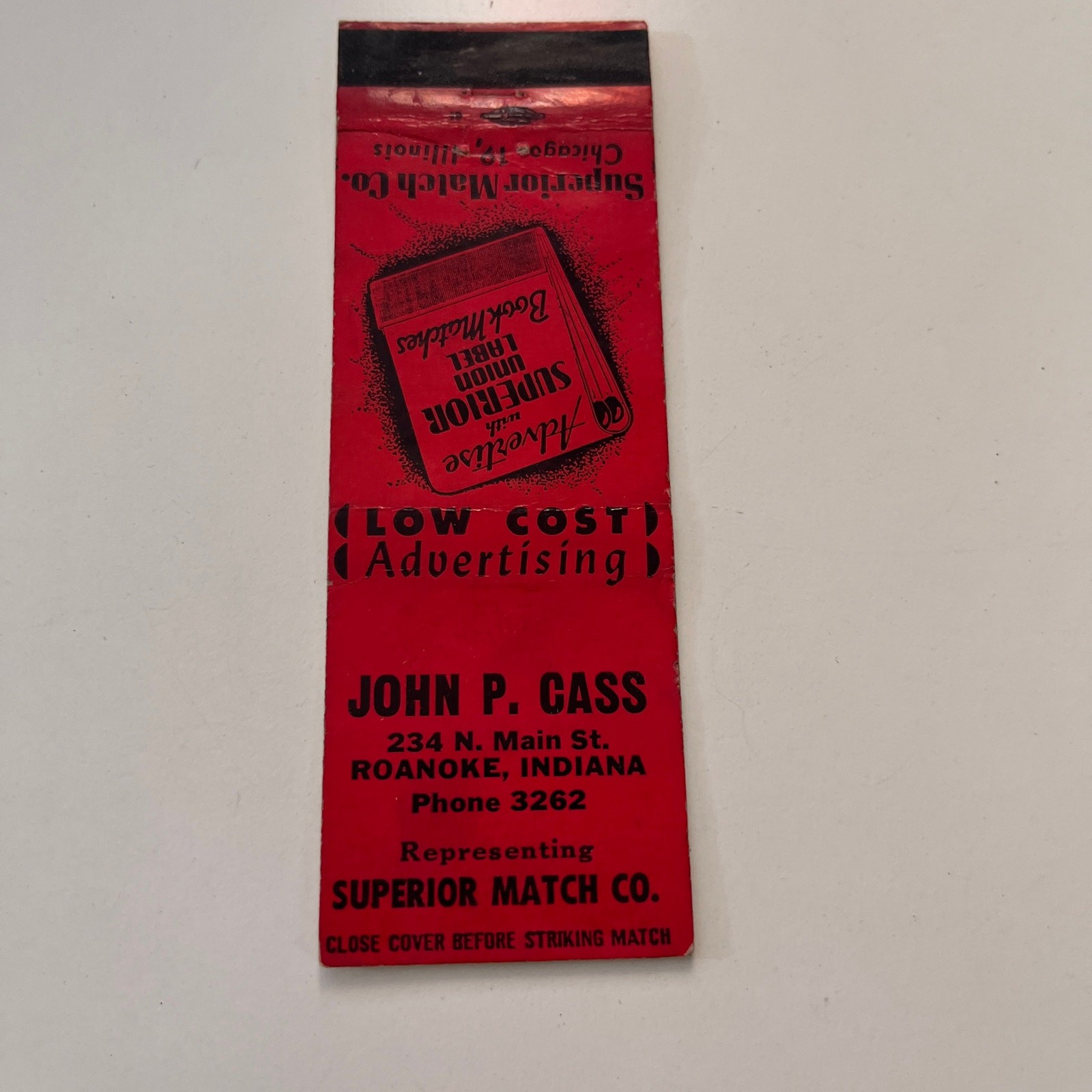 Superior Match Co John Cass Roanoke IN Vintage Matchbook Cover SMB5-2