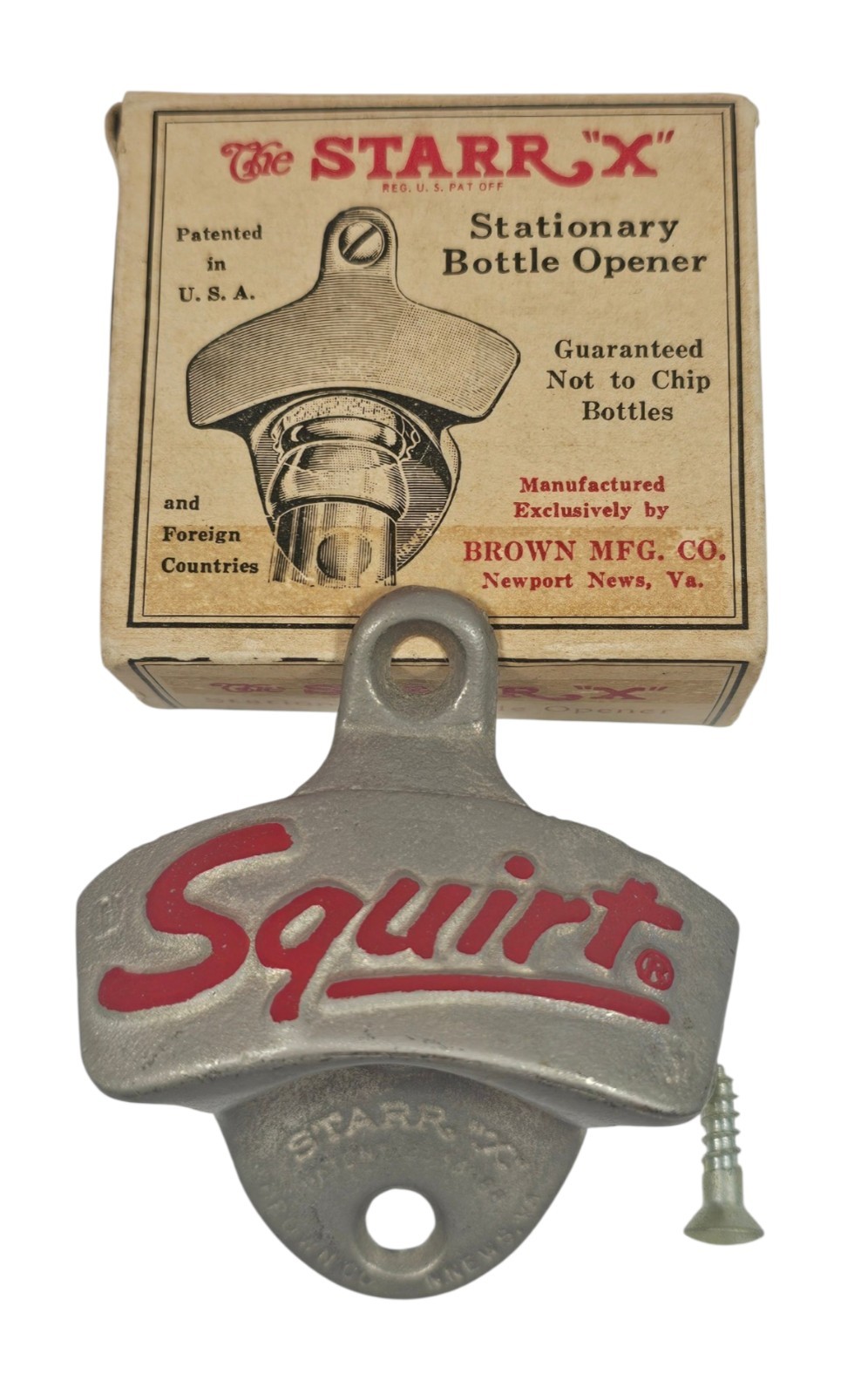Vintage Squirt Starr “X” Stationary Bottle Opener w/ Original Box & Screw NOS