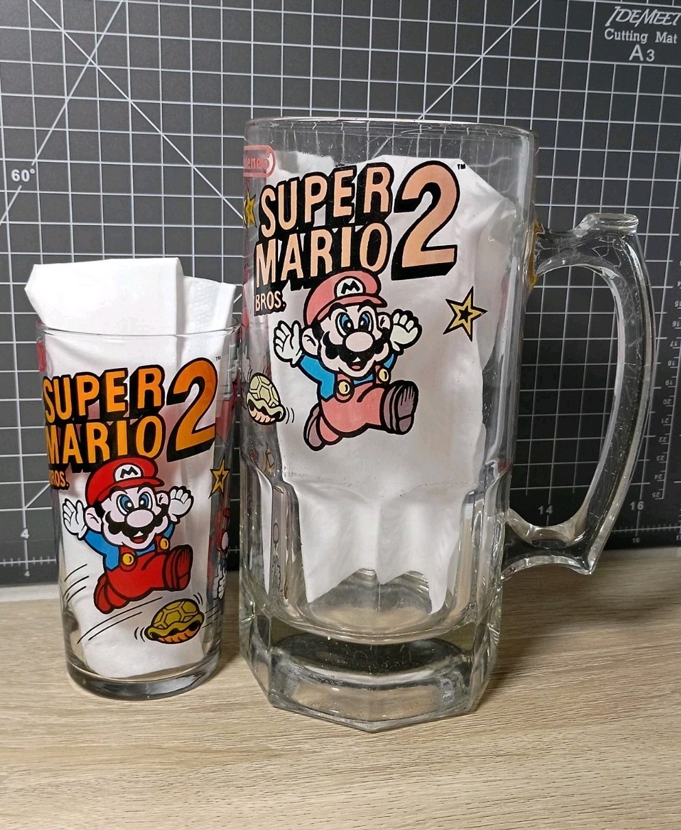 1989 SUPER MARIO BROS 2 Beer Stein + Drinking Glass Nintendo 32 Oz & 12 Oz ~RARE