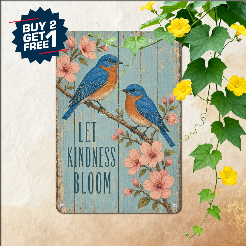 Two Blue Birds Bluebirds Blossoms Quote Poster Vintage Nature Wall Metal Sign