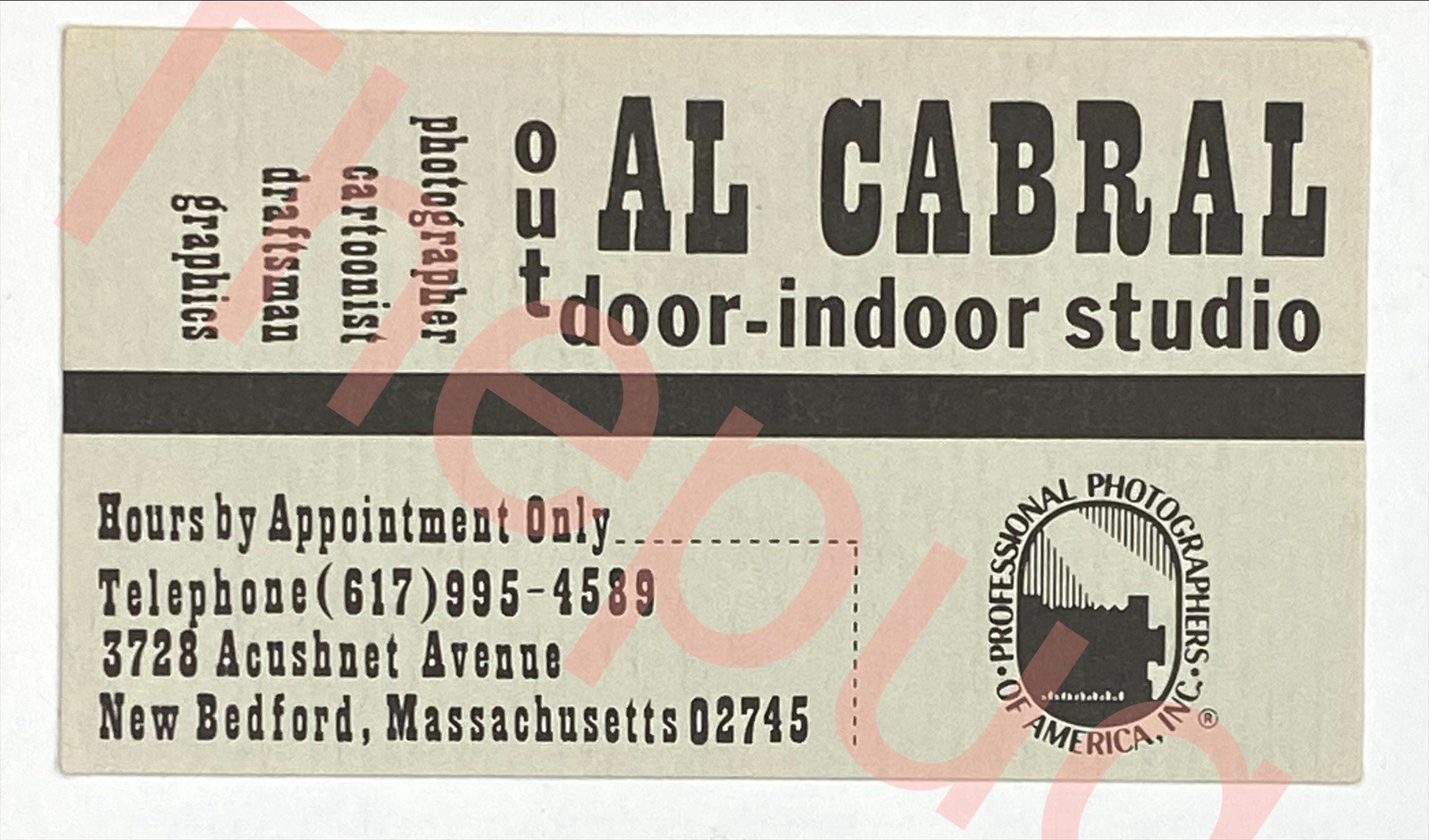 Vintage Business Card AL CABRAL Photographer New Bedford Massachusetts Studio