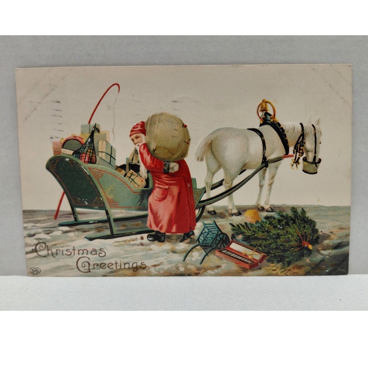 Antique Christmas Postcard Santa Claus with Horse Pulling Sleigh Divided Germany