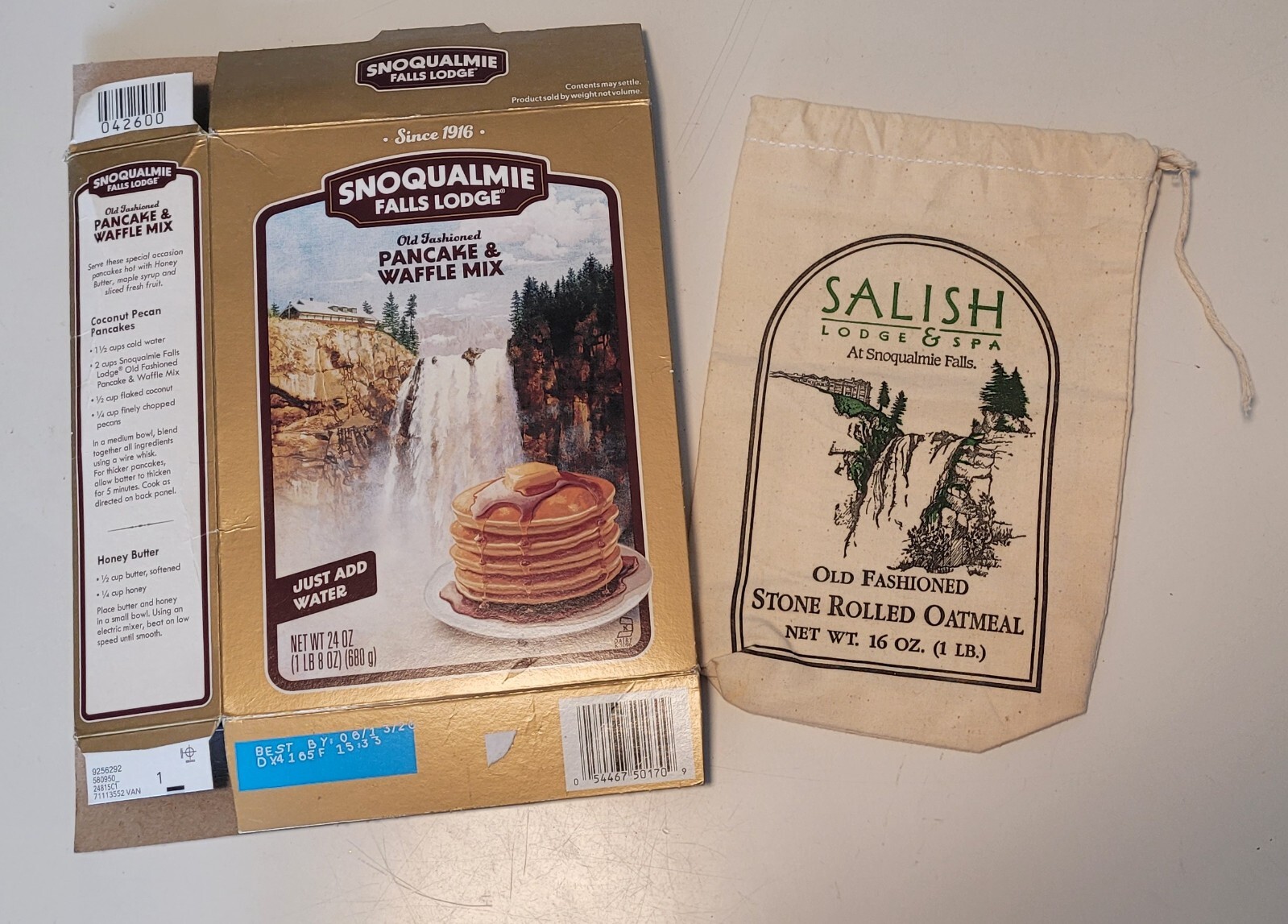 Snoqualmie Falls Lodge pancake Mix Empty Box & Canvas Bag. TWIN PEAKS Snoqualmie Falls Lodge pancake Mix Empty Box & Canvas Bag. TWIN PEAKS