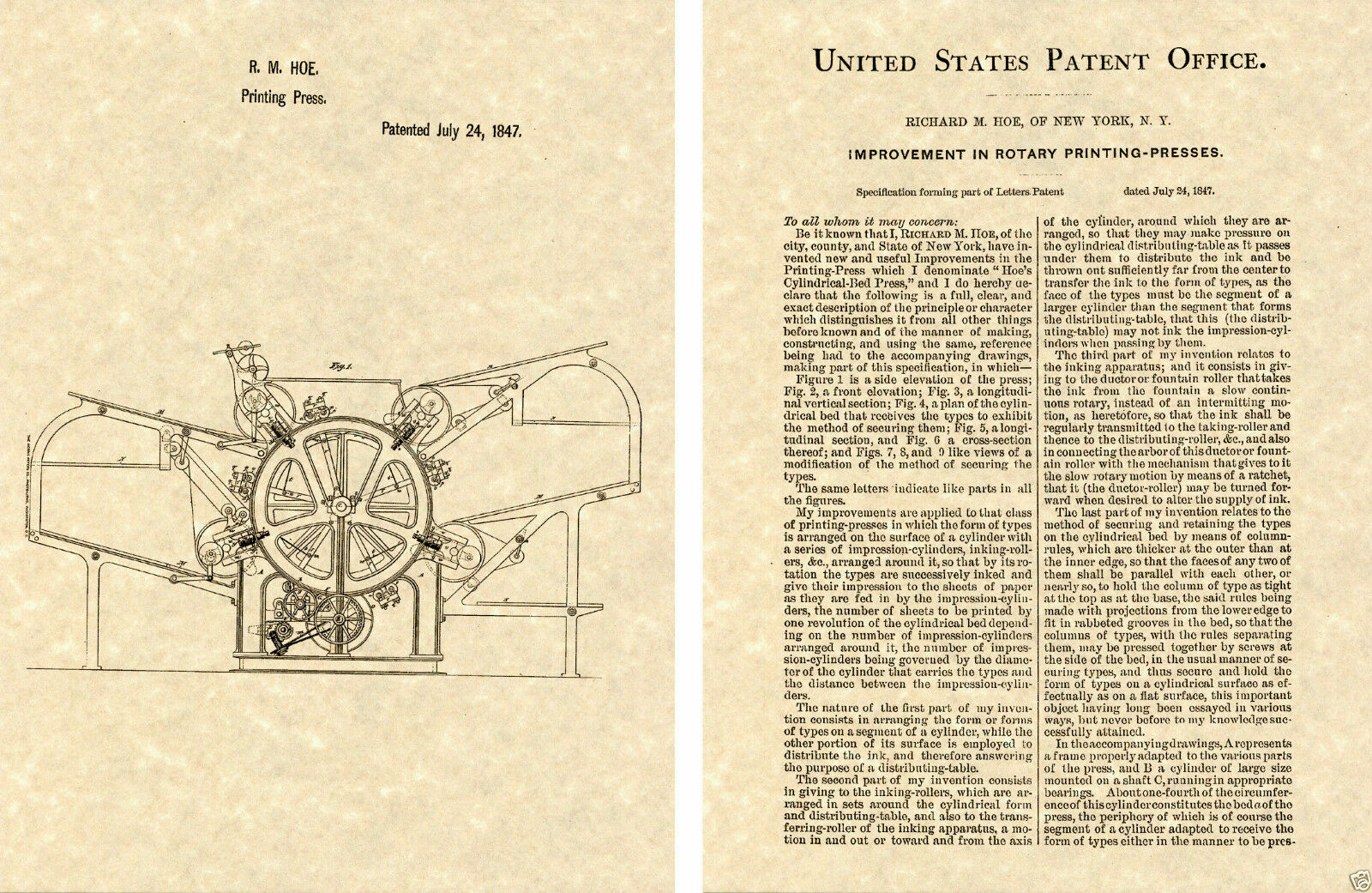 HOE PRINTING PRESS US PATENT Art Print READY TO FRAME Vintage 1847 Howe HOE PRINTING PRESS US PATENT Art Print READY TO FRAME Vintage 1847 Howe