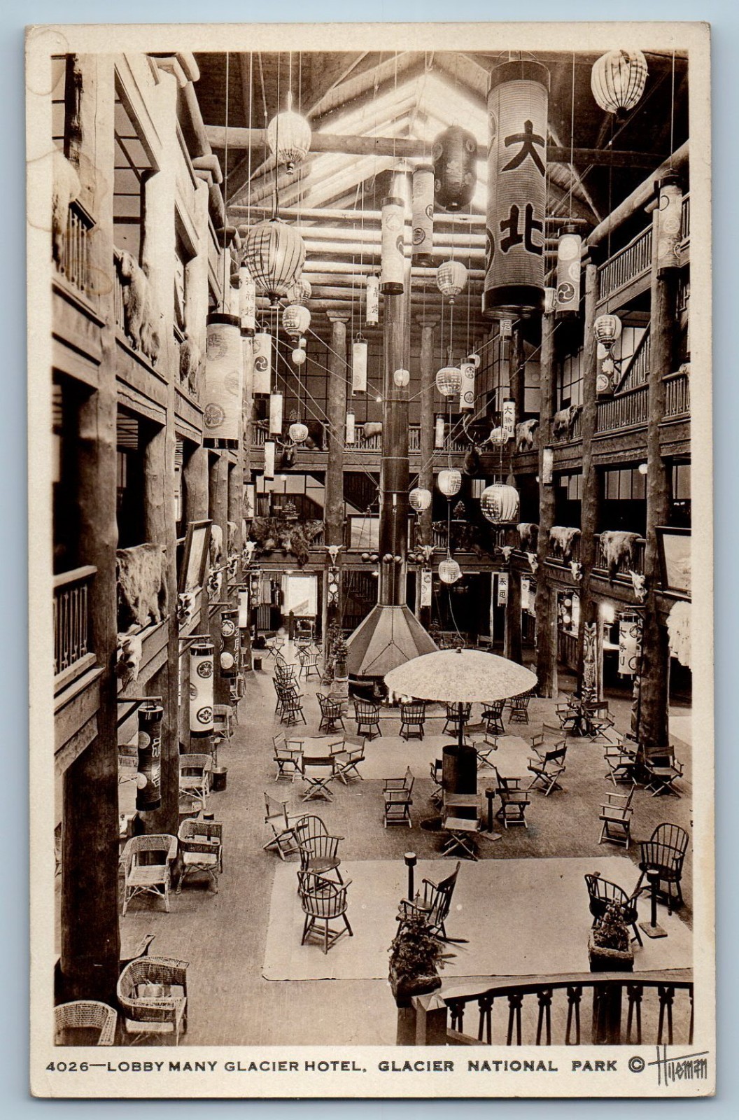 c1930\'s Lobby Many Glacier Hotel Glacier National Park MT RPPC Photo Postcard