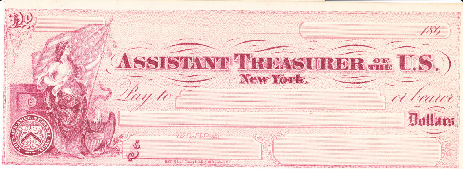 1860s US Asst Treasurer Check - Unsigned - Red Tint - New York