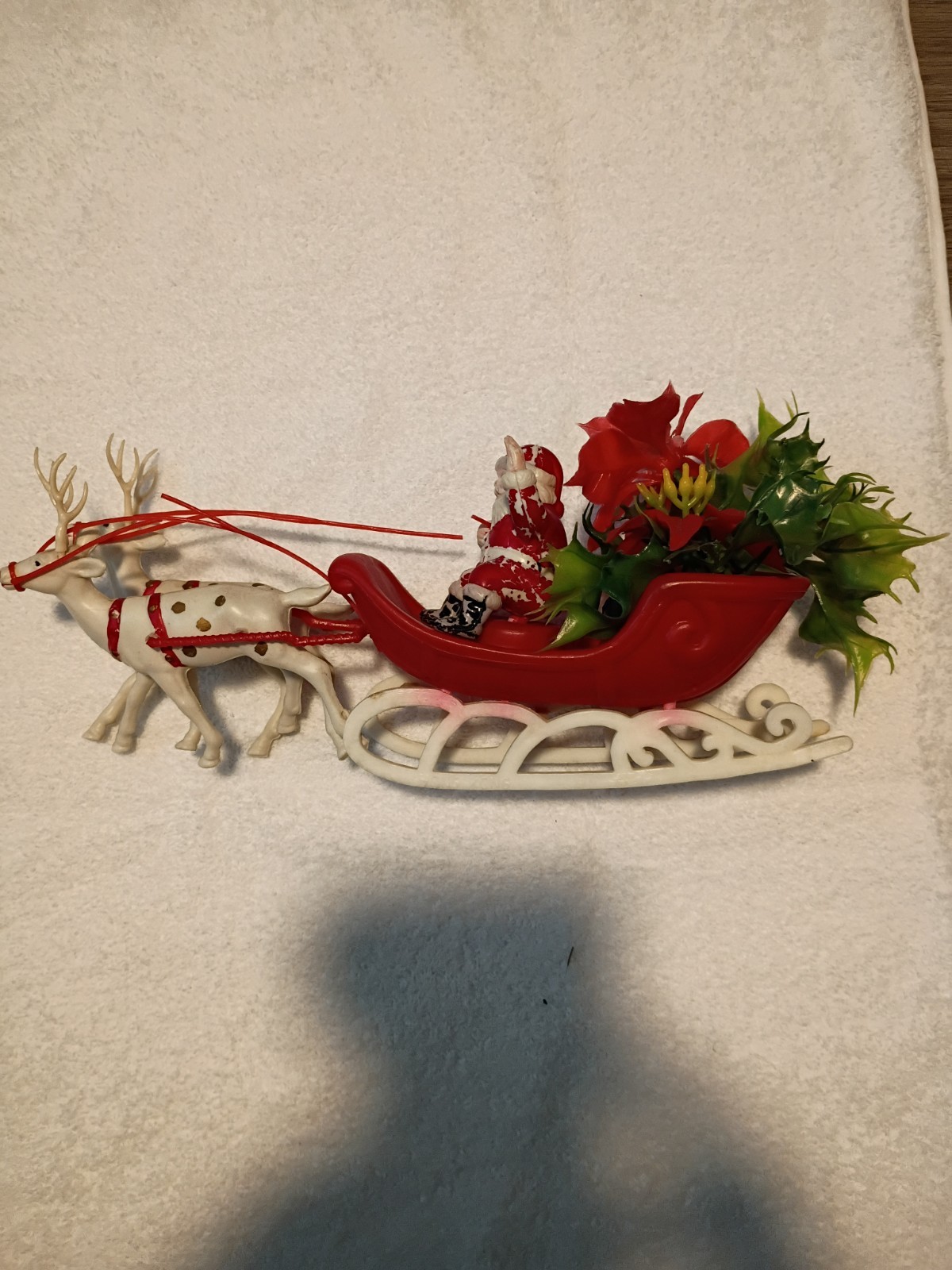 Vintage Plastic Waving Santa and White Reindeer With Missile toe In Slay Vintage Plastic Waving Santa and White Reindeer With Missile toe In Slay