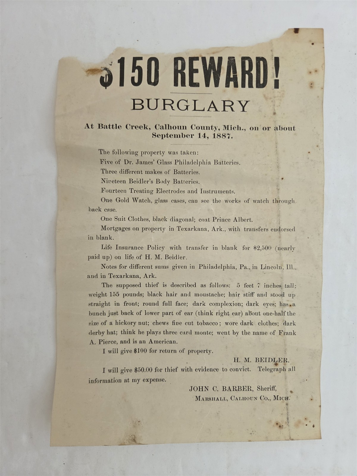 1887 antique $150 REWARD BURGLARY battle creek mi HM BEIDLER PROP sheriff barber