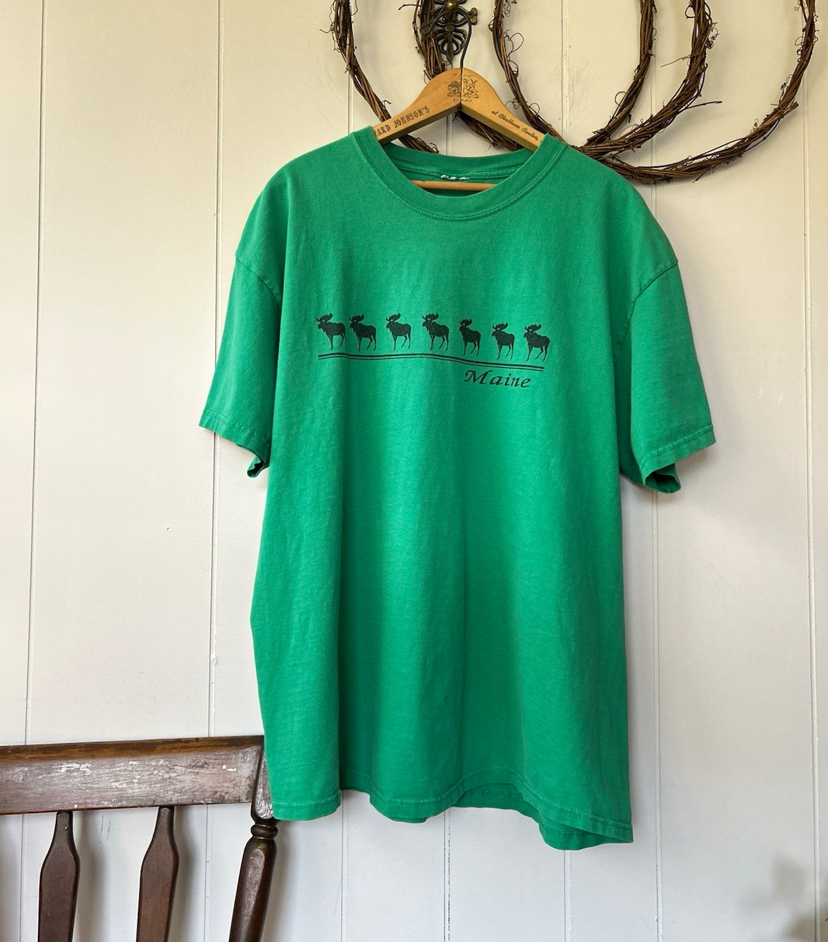 Vintage 90s Maine Moose Pattern Graphic T-Shirt Large Green New England Grunge