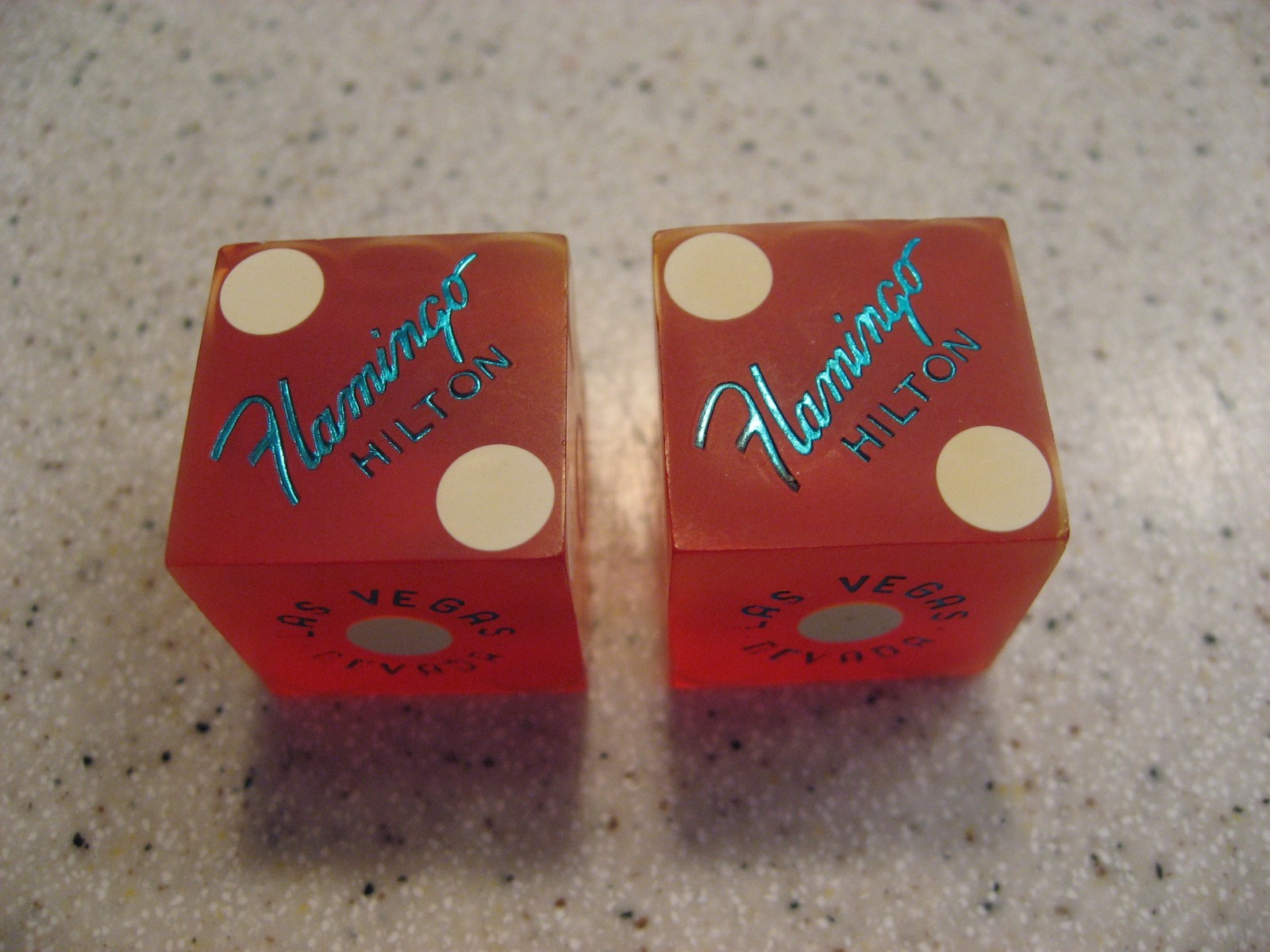 Flamingo Hilton Casino Las Vegas Pair of Red Dice w/Blue Lettering Matching #\'s