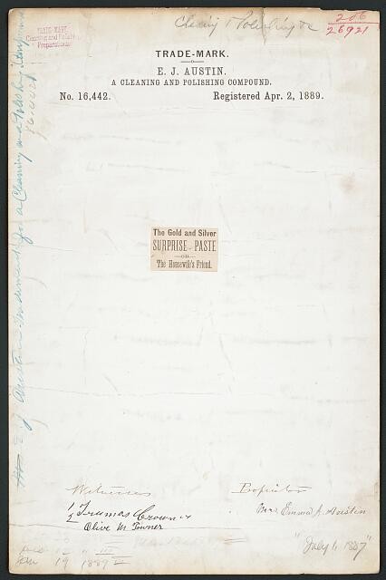 Photo:E J Austin Carthage NY 1889 Gold Silver Surprise Paste Trademark