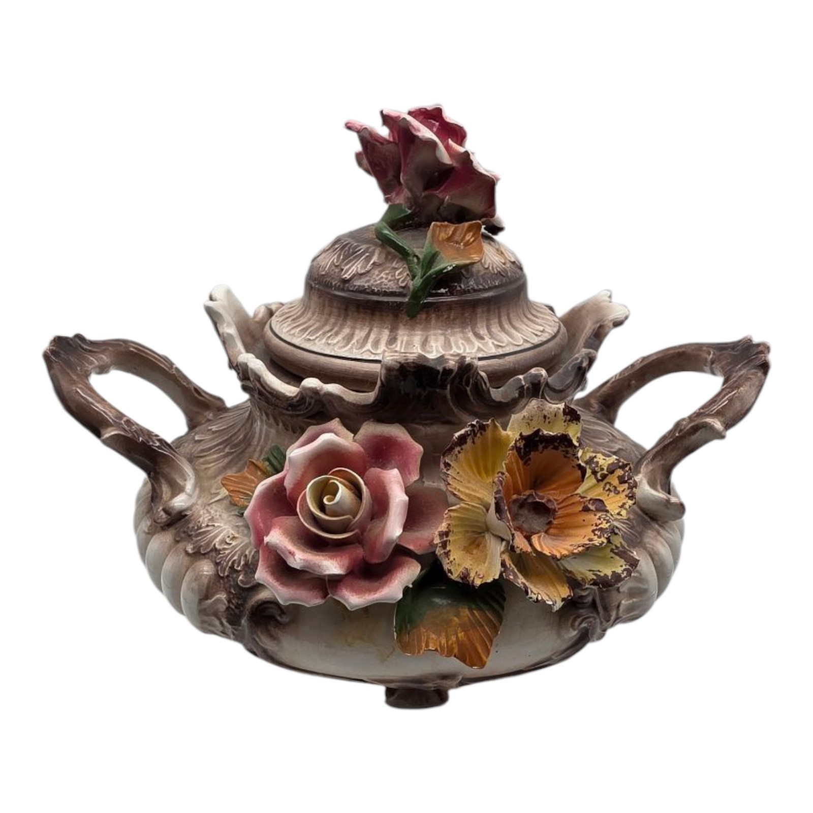 Vtg Antique Large Capodimonte Italy Soup Tureen Brown Colorful Flowers 