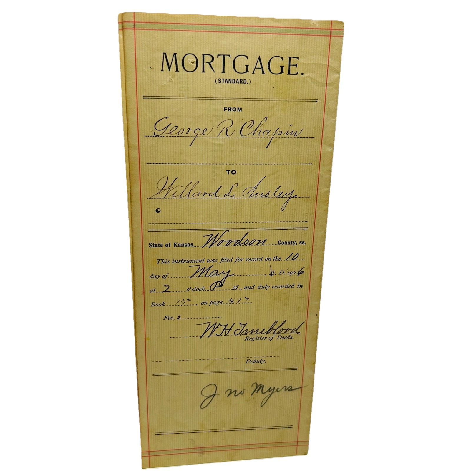 1912 Mortgage Document Assignment Kansas Woodson County Notarized Embossed Seal