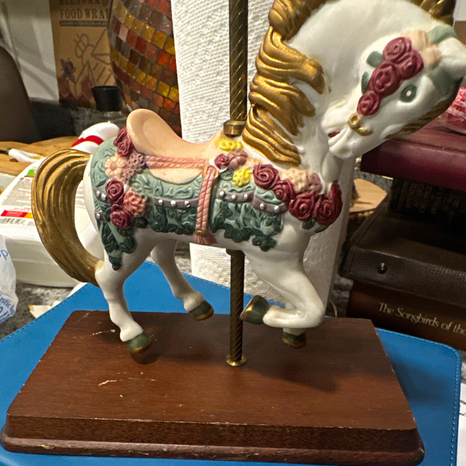 Meico Inc. Handcrafted Carousel Horse Figurine on Pole with Wooden Base, Wood