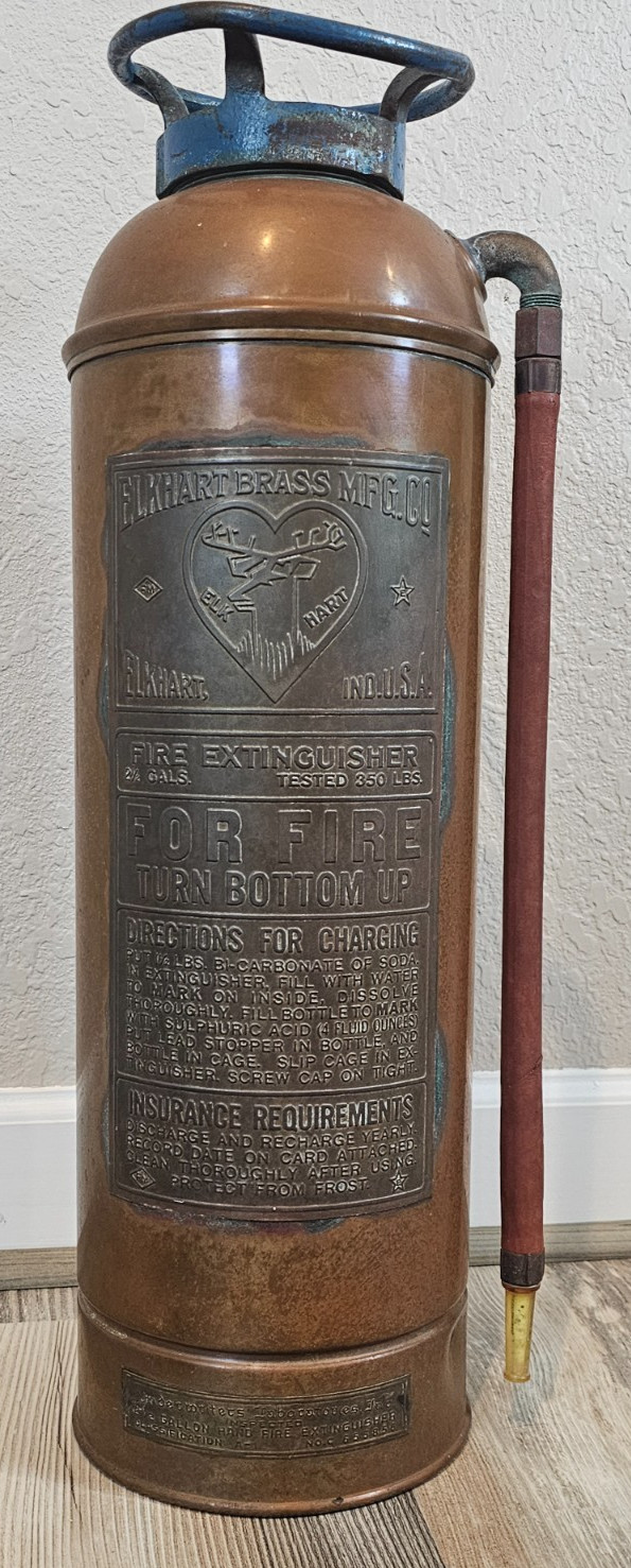 Vntg 1930s–50s Elkhart Brass 2.5 Gal Copper Soda Acid Fire Extinguisher w/ Hose