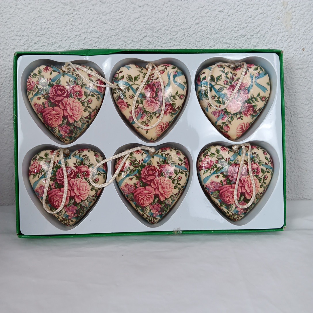 6 Vintage Decoupage Rose Heart Victorian Rose Ornaments 3.25\ 6 Vintage Decoupage Rose Heart Victorian Rose Ornaments 3.25\