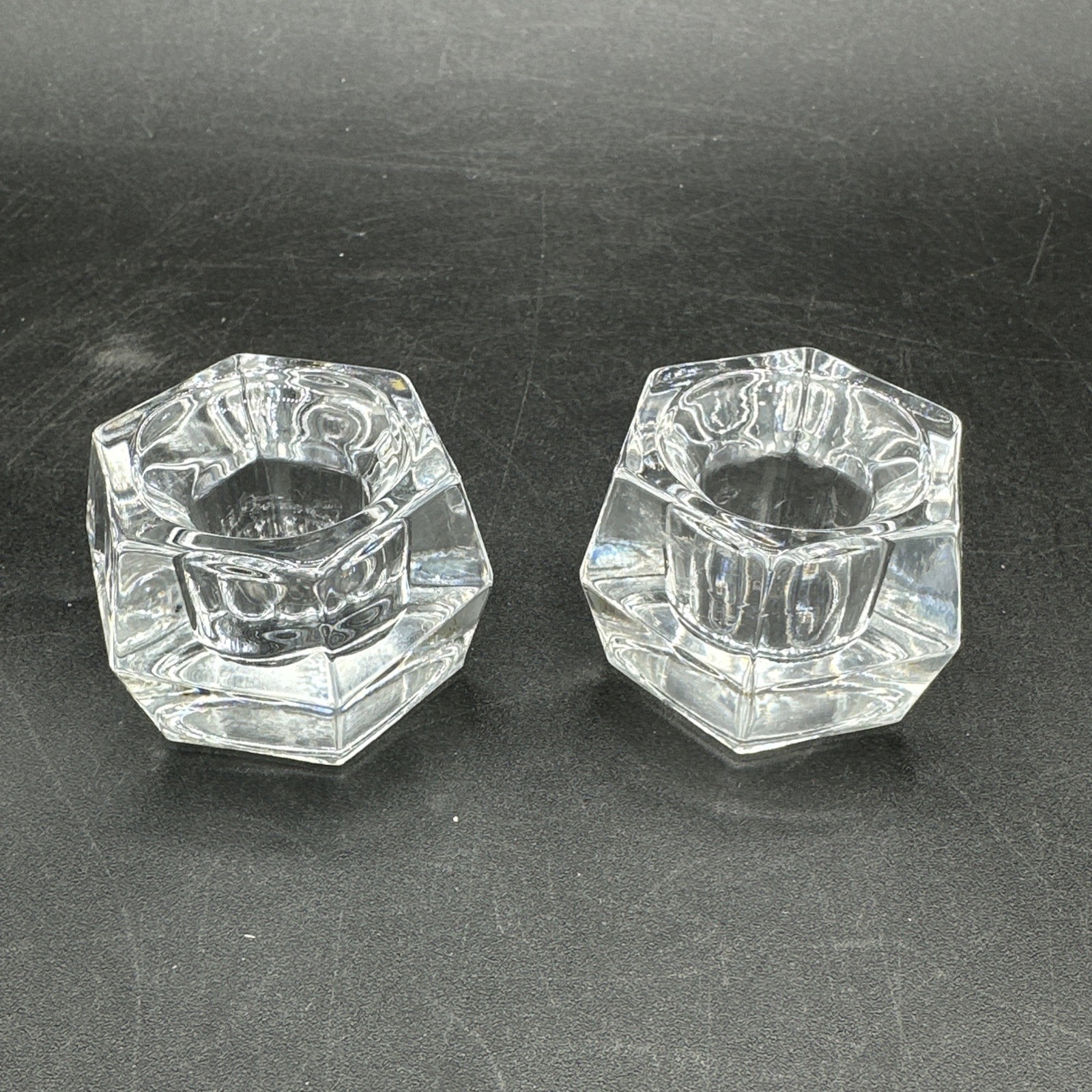 Set of 2 Taper Candle Holders 24% Lead Crystal Hexagon Shaped 80\'s