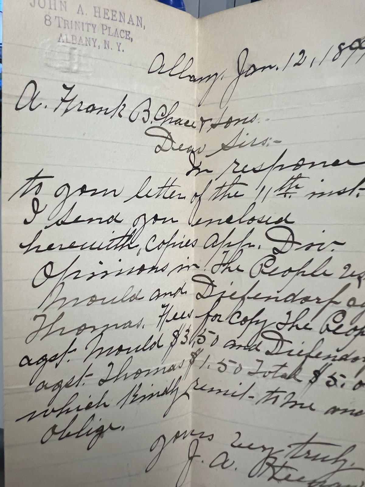 1899 John Heenan 8 Trinity PL Albany NY Embossed Handwritten Letter 1899 John Heenan 8 Trinity PL Albany NY Embossed Handwritten Letter