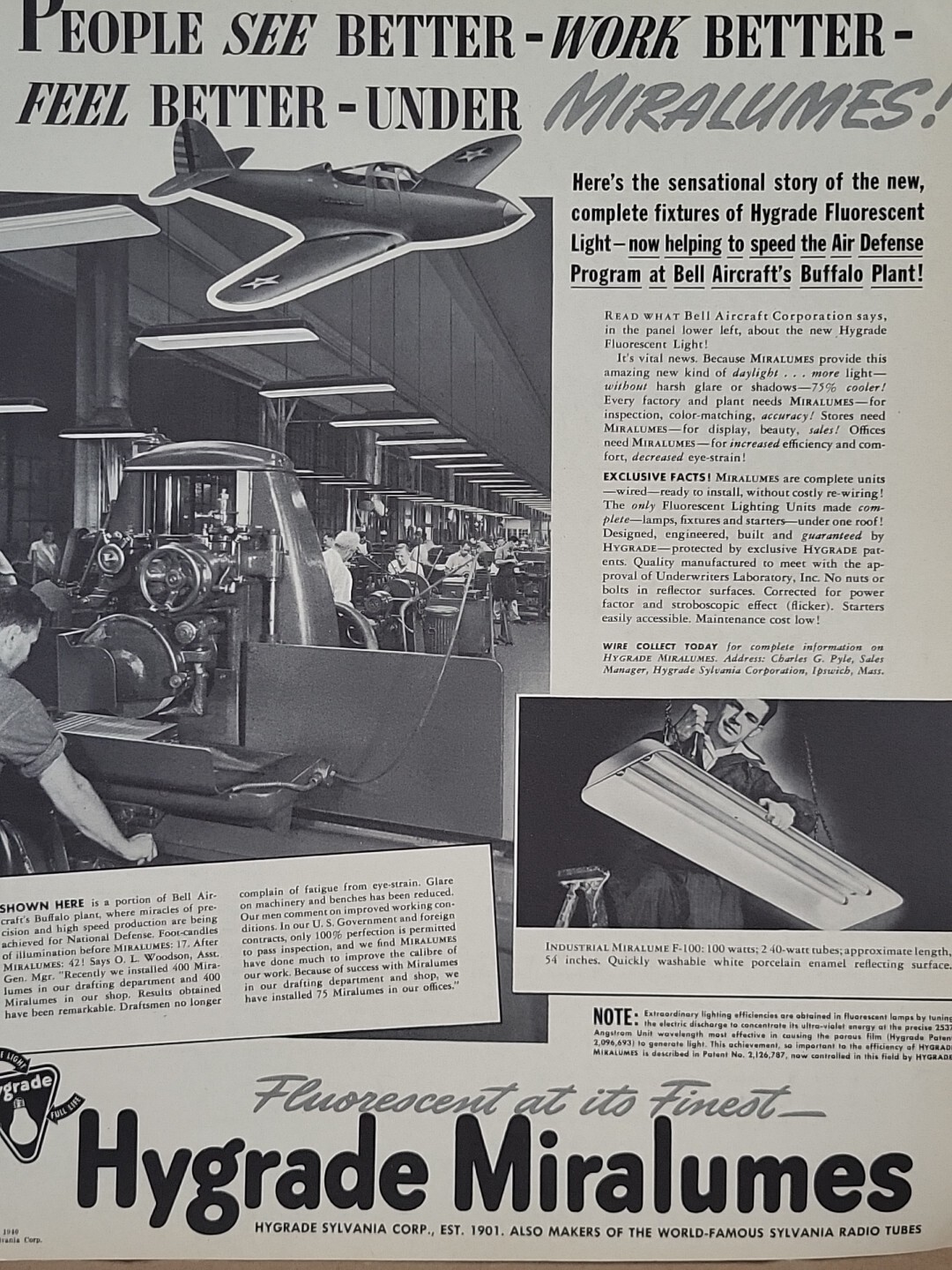 1940 Sylvania Hygrade Miralumes Fortune WW2 Print Ad Q4 Fluorescent Bell Factory