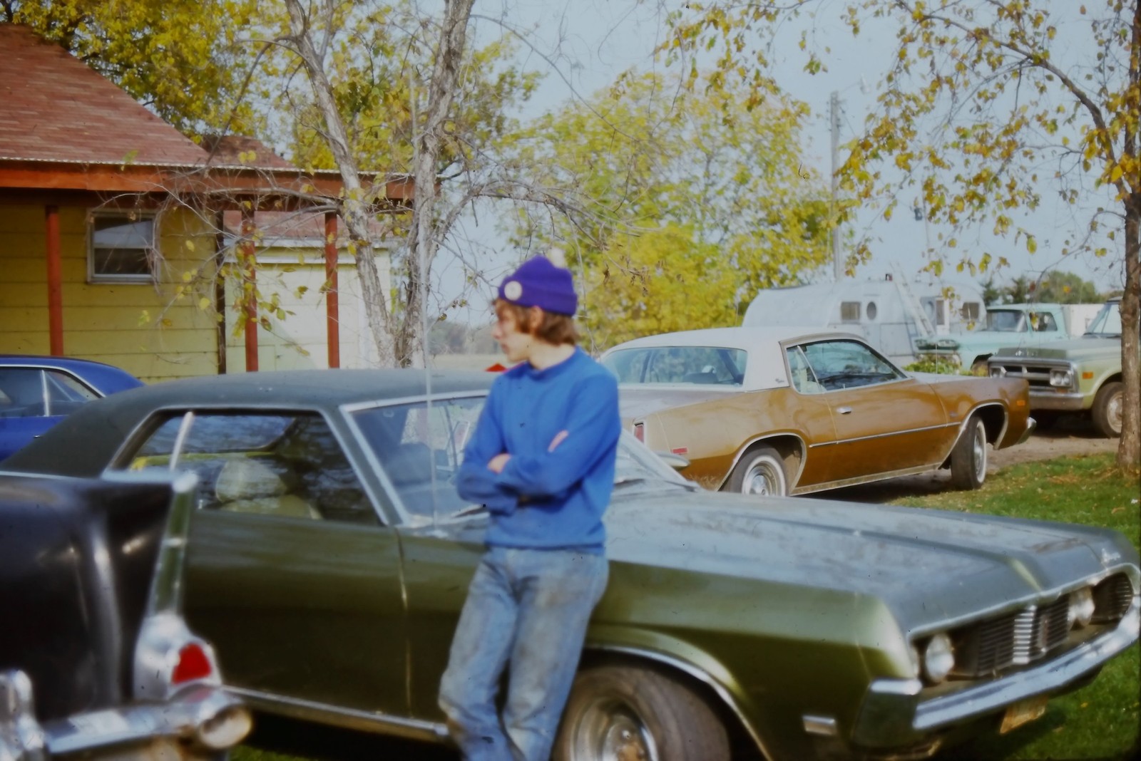 c1970's Kodachrome 35mm Slide, Man Leaning Mercury Cougar, Cars American