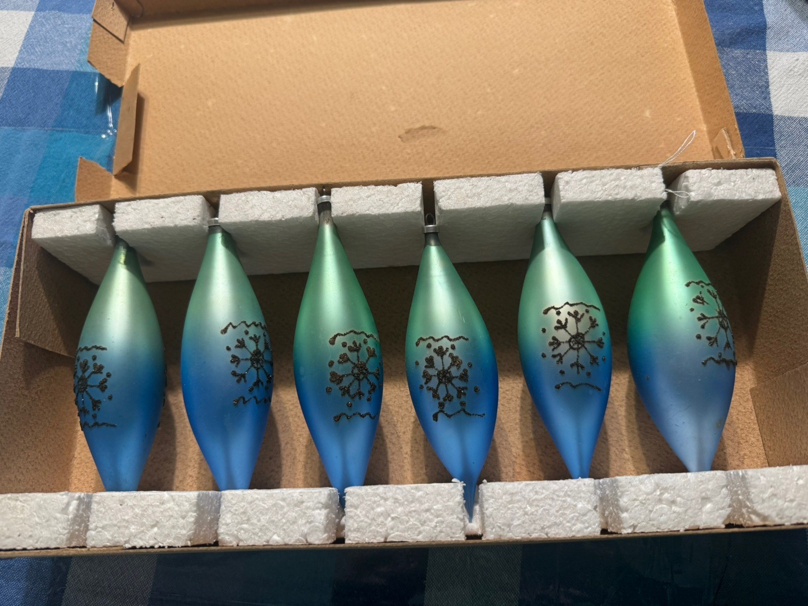 6 Vintage Ombre Mercury Glass Teardrop Snowflake Ornaments Original Box 6”