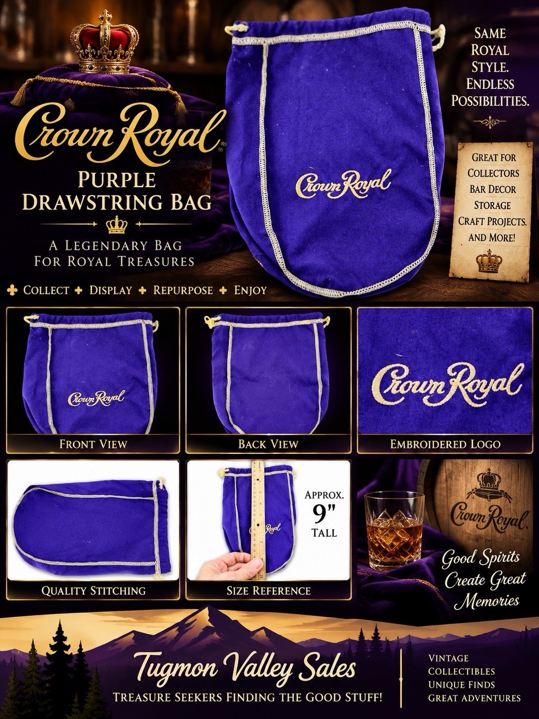 Vintage Crown Royal Purple Drawstring Bag Gold Embroidered Logo 9”