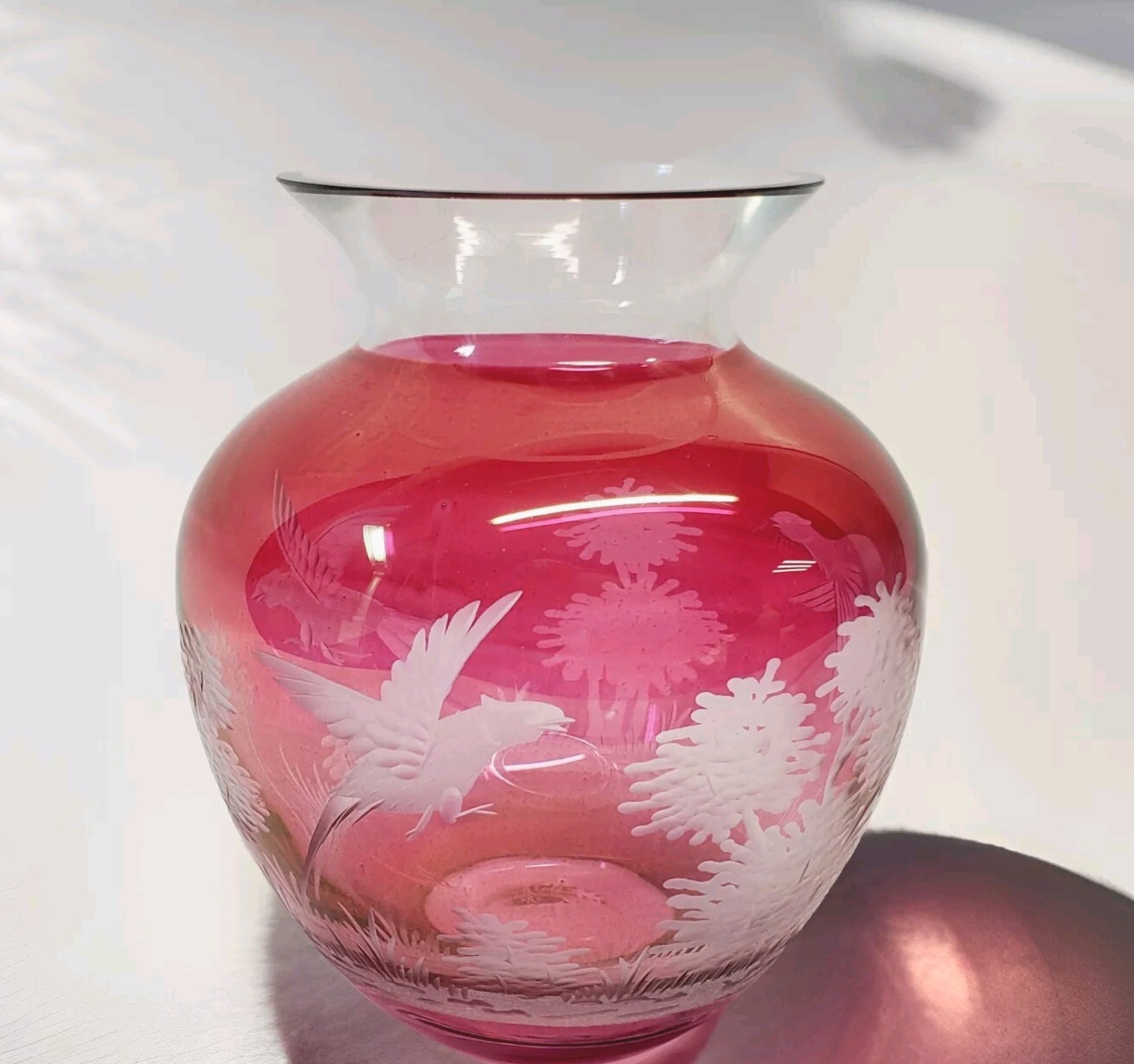 Vintage Cranberry Glass Vase Etched Birds Landscape 