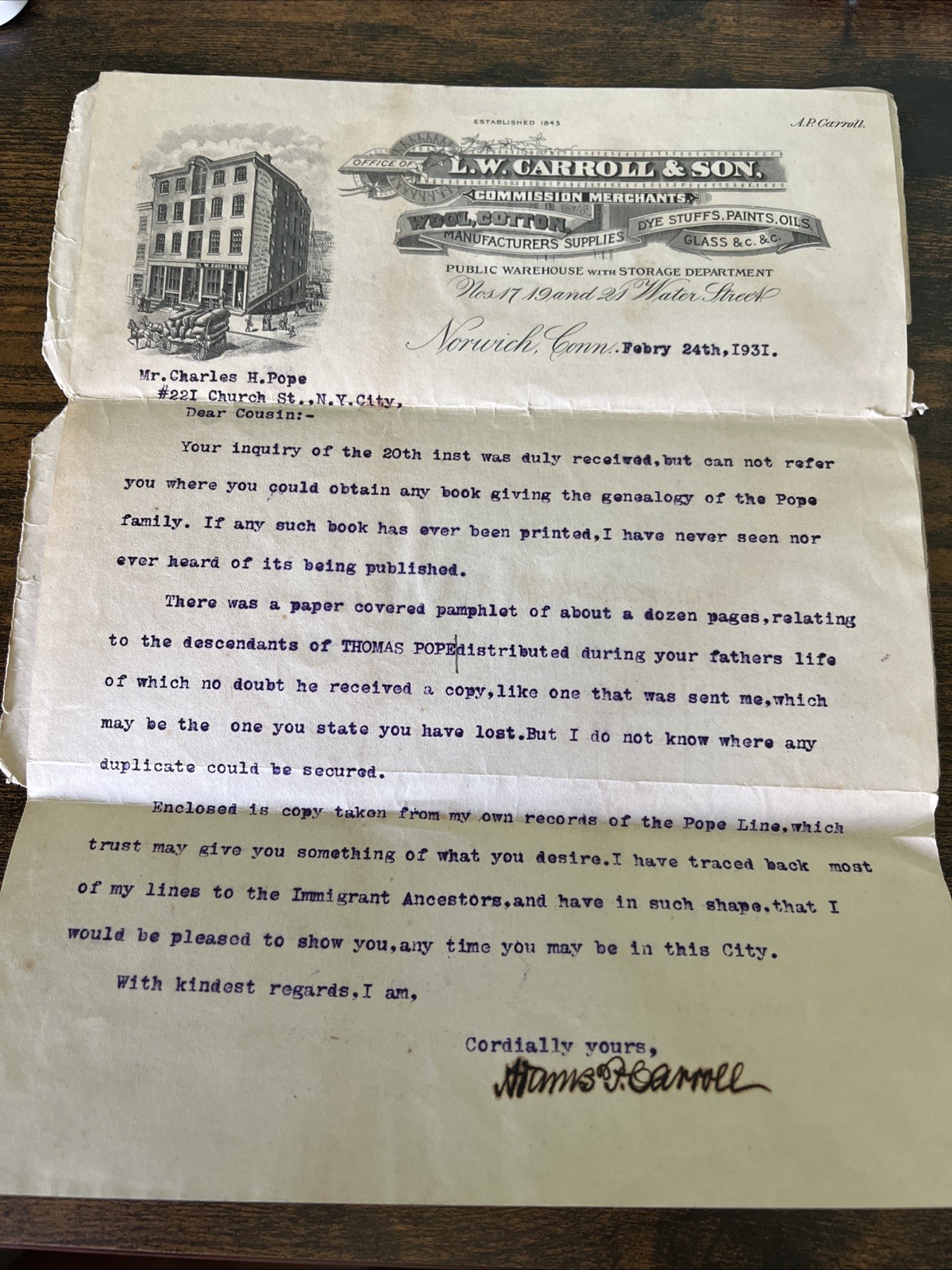 1931 L.W.Carroll & Son Public Warehouse Department /Envelope Original/Stamp
