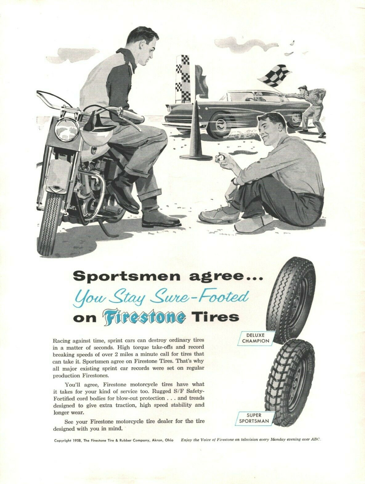 1958 Firestone Sprint Car Racing Tires - Vintage Motorcycle Ad