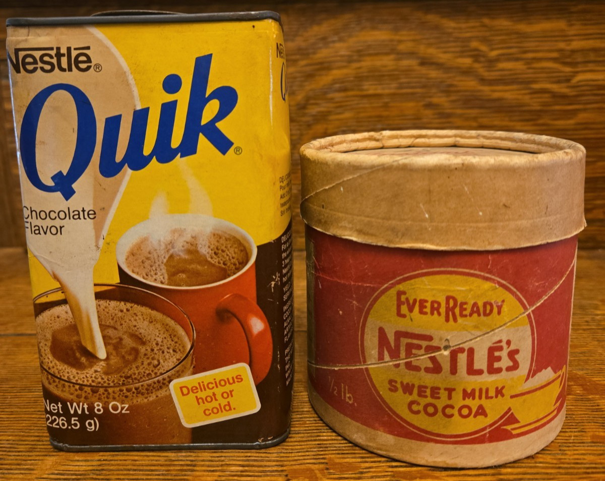 Vintage Chocolate Nestle Quik 8 oz Tin & Cardboard EverReady Cocoa Mix Container Vintage Chocolate Nestle Quik 8 oz Tin & Cardboard EverReady Cocoa Mix Container