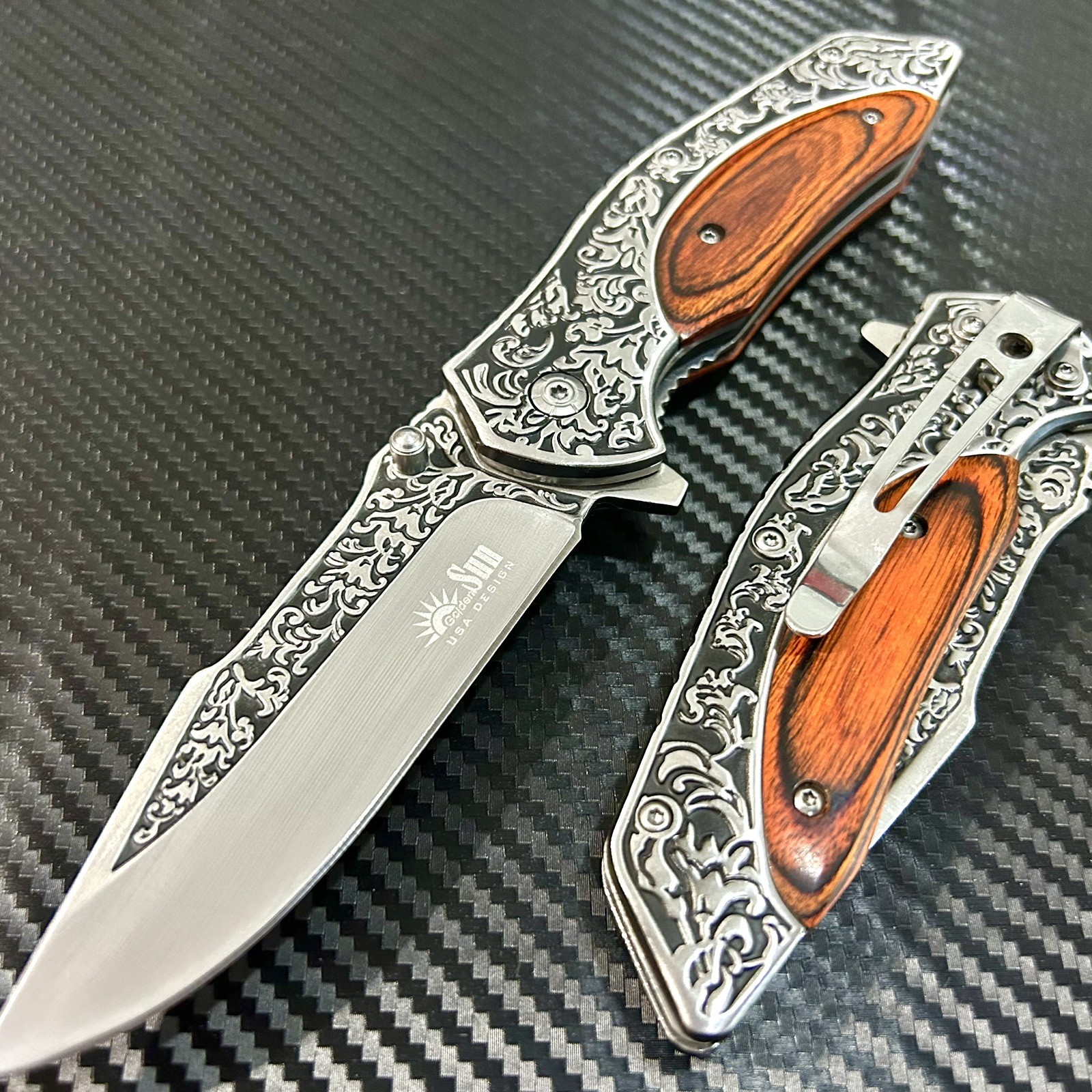 9” Red Wood Flower Military Tactical Spring Assisted Open Folding Pocket Knife 9” Red Wood Flower Military Tactical Spring Assisted Open Folding Pocket Knife