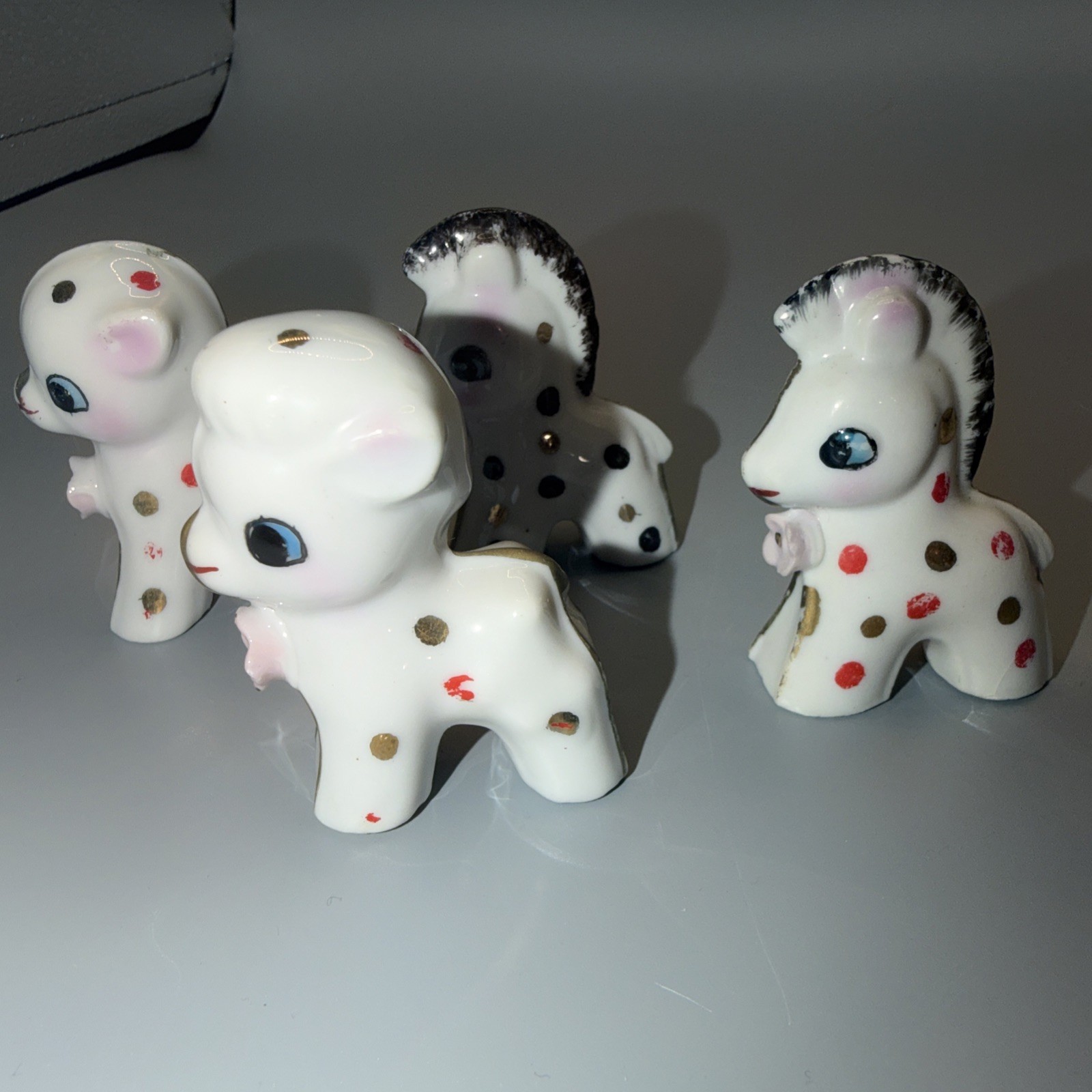 4 Vintage Polka Dot Ceramic Zebra Fawn Sheep Japan 4 Vintage Polka Dot Ceramic Zebra Fawn Sheep Japan