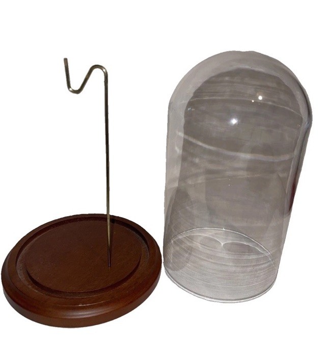 Vintage Clear Glass Dome Display w/ Hook for Pocket Watch Or Ornament  Wood Base