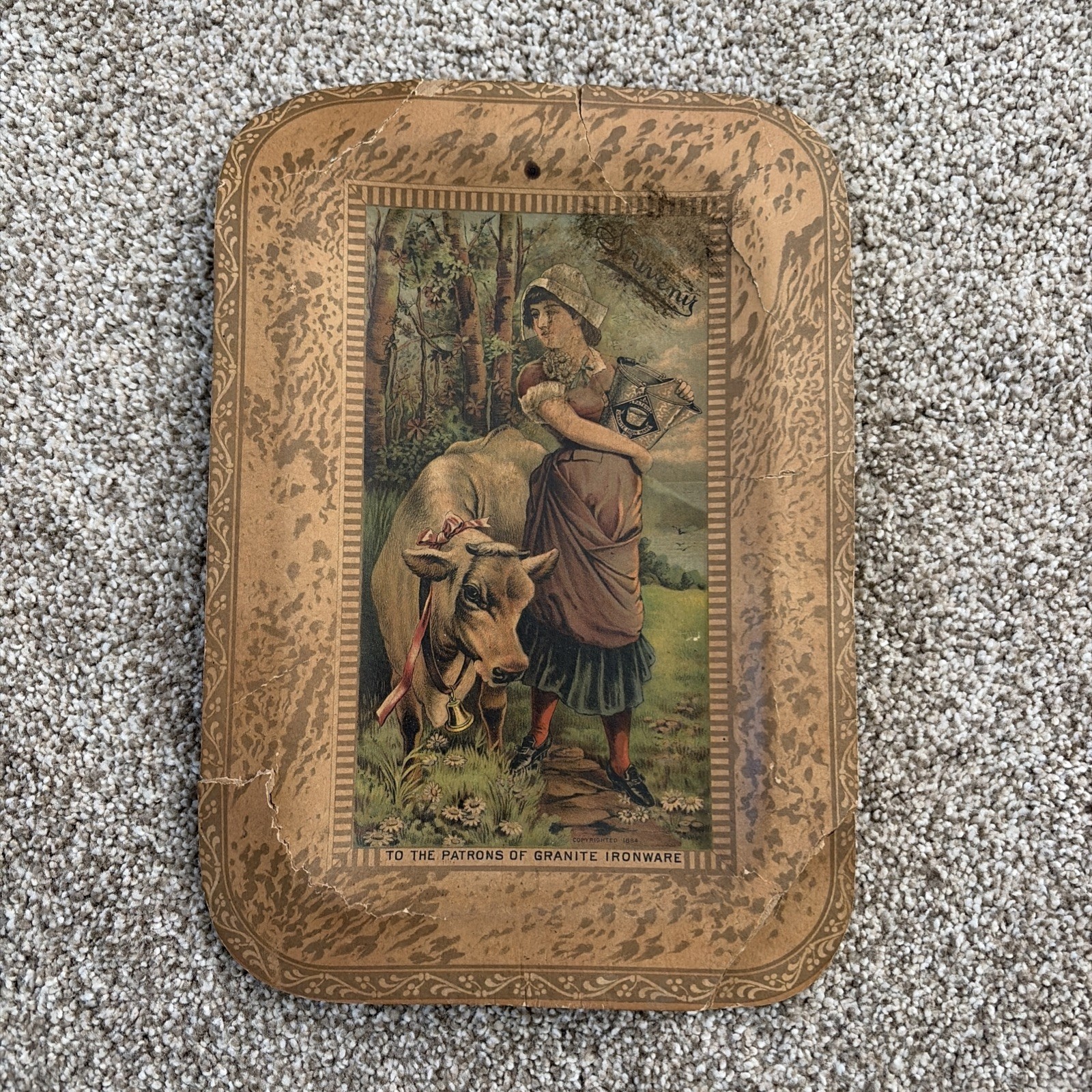 Antique 1884 Granite Ironware Advertising Cardboard Tray Rare Souvenir Rustic