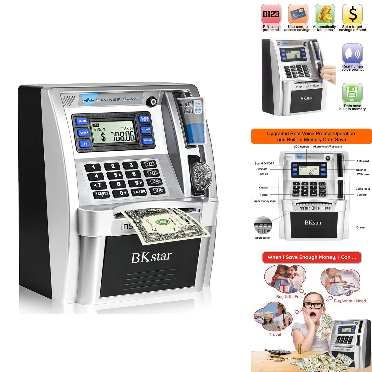 BKstar Talking ATM Piggy Bank Kids Onekey Shutdown And Power-Off Memory YUYIN-01