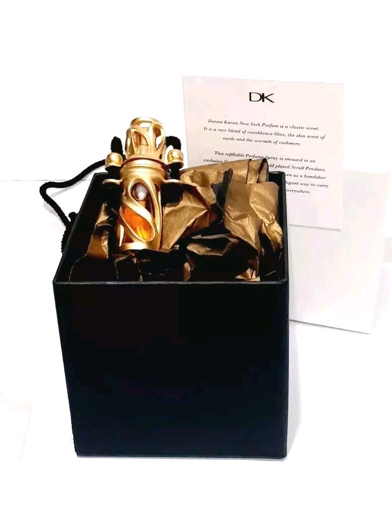Vintage Donna Karan 1/8 oz Parfum Signature Filigree Pendant 24K Gold Plate