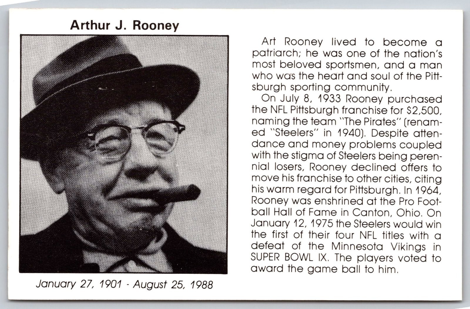 Arthur J Rooney Pittsburgh Steelers Founder Football Hall of Fame Postcard PC073 Arthur J Rooney Pittsburgh Steelers Founder Football Hall of Fame Postcard PC073