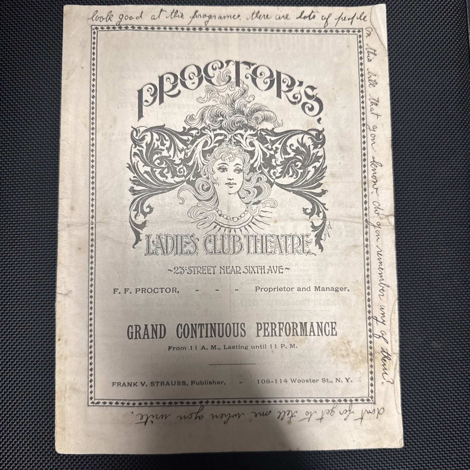Vintage 1896 Proctors Ladies Club Theater Brochure. Wooster St. NY.