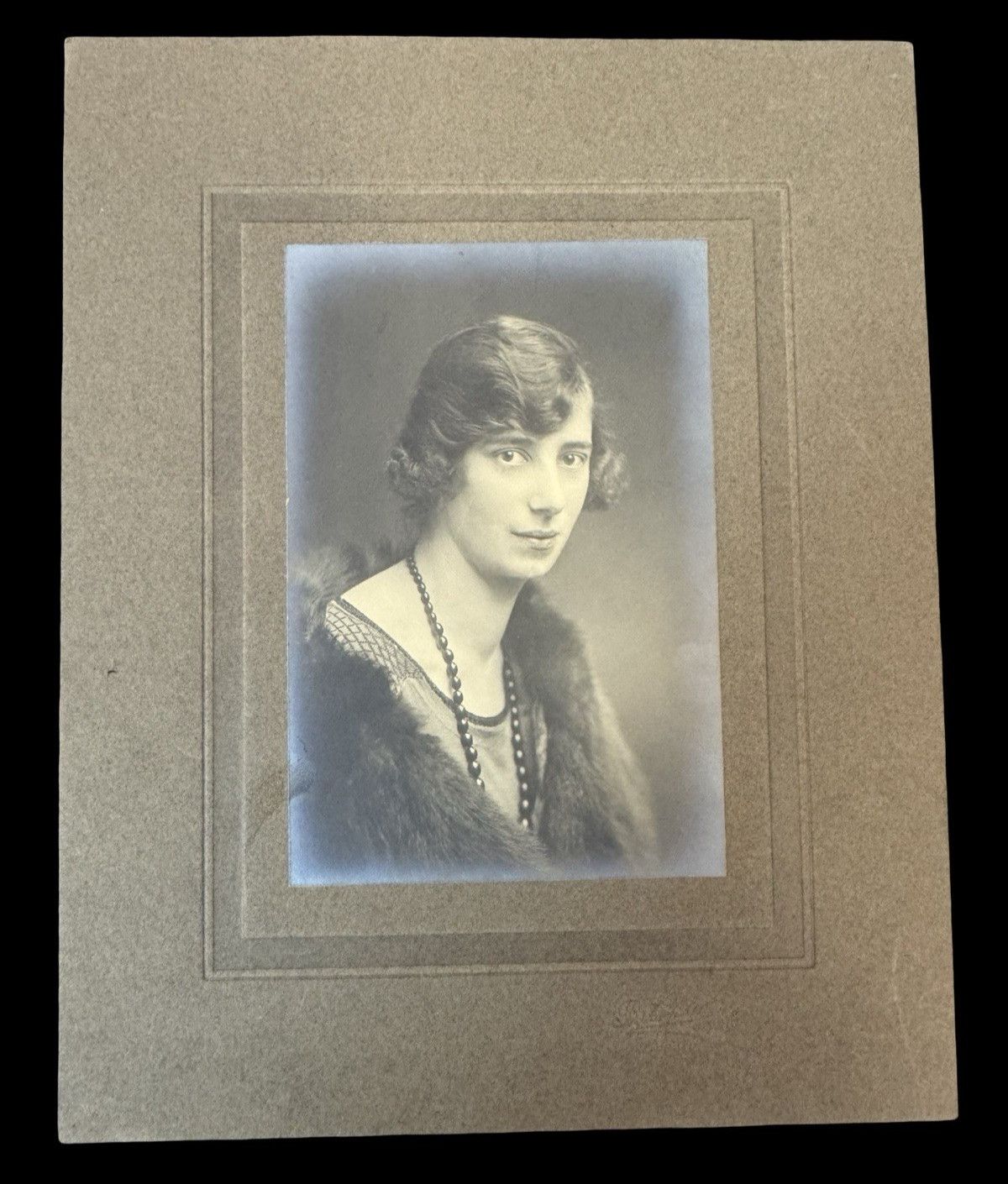 Antique 1920s Portrait Photo Flapper Style Androgynous Fur Beads Studio Mounted